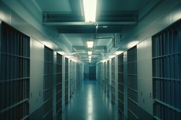 Dimly lit prison corridor with rows of metal cell doors, evoking a sense of isolation and confinement under harsh fluorescent lighting.