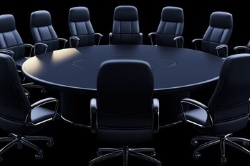 Obraz premium A modern conference room featuring a large circular table surrounded by executive chairs, ideal for meetings and discussions.