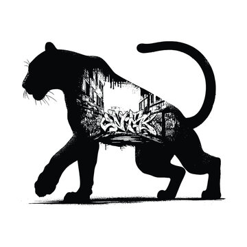 recommend clip art: silhouette of Panther filled with graffiti street wall in rough drawing, minimalist,
