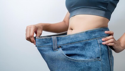 A person showcasing loose jeans as a symbol of weight loss success, emphasizing transformation and healthy lifestyle.