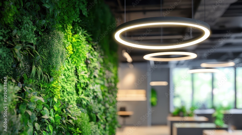 Wall mural a vertical garden adorns the office wall, illuminated by contemporary circular lights and surrounded