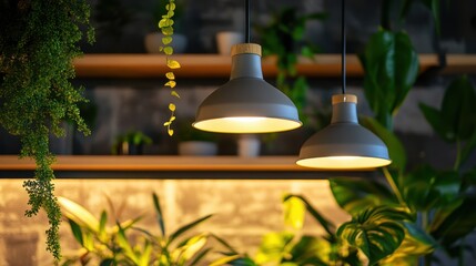 Obraz premium Pendant lights illuminate a modern kitchen filled with vibrant plants, creating a warm and inviting atmosphere