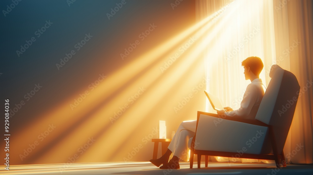 Poster a serene moment captured with a person using a laptop, highlighted by warm rays of light filtering t