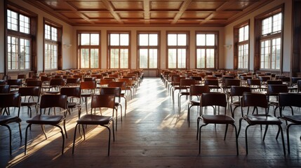 Fototapeta premium Rows of Empty Chairs in a Sunlit Room