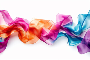 Obraz premium A cascade of multicolored satin ribbons flowing gracefully against a pure white background.