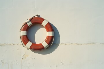 A solitary life buoy hangs on a sunlit white wall, symbolizing safety and readiness, its simplicity and stark contrasts evoking a sense of quiet vigilance.