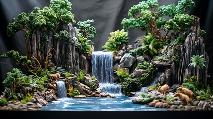 Miniature Waterfall Landscape with Trees and Animals