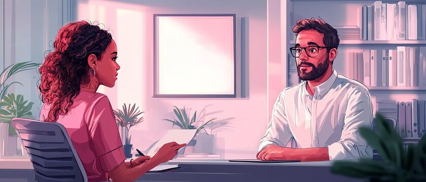 An HR manager discussing a candidate's expertise and qualifications during an interview in a well-lit office