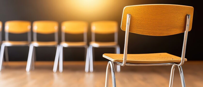 A single wooden chair in focus, surrounded by a row of empty chairs, highlighting minimalism and simplicity in design.