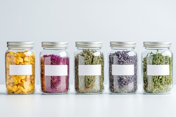 Glass jars with dried herbs and flowers and metal lids,  empty label for the name, copy space, light grey background. Copy space. Concept alternative medicine, health, natural ingredients