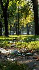 Obraz premium Litter covers the grassy path in a park under bright sunlight, highlighting environmental issues