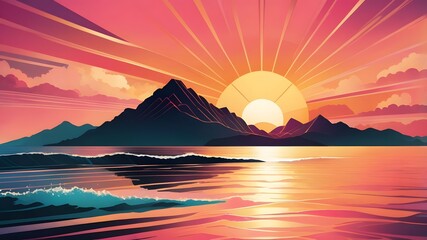 Fototapeta premium Sunset or summer sunrise over the sea. Calm waves. Bright warm colors. Morning or evening. The beauty of the sea. Seascape, work of art. Vector illustration design