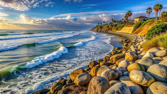 Sculpted shoreline of Encinitas, California, where erosion control boulders, ancient river rocks, and ocean waves converge in mesmerizing harmony at Swamis Reef Surf Park.