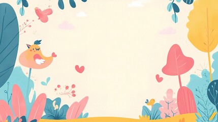 Whimsical Springtime Border: A delightful cartoon illustration of a whimsical bird with a heart-shaped beak