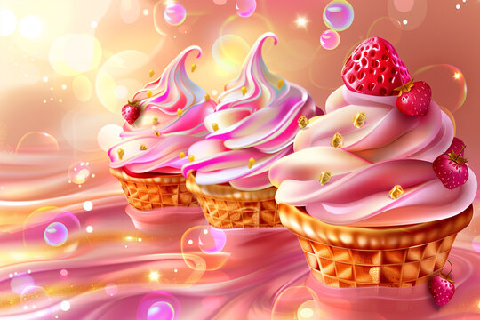 ice cream, waffle cones, swirl, three, cupcakes, row, drizzle, party, frosting, valentine, buttercream, white, treat, birthday, cute, nobody, sprinkles, blue, unhealthy, holiday, arranged,
