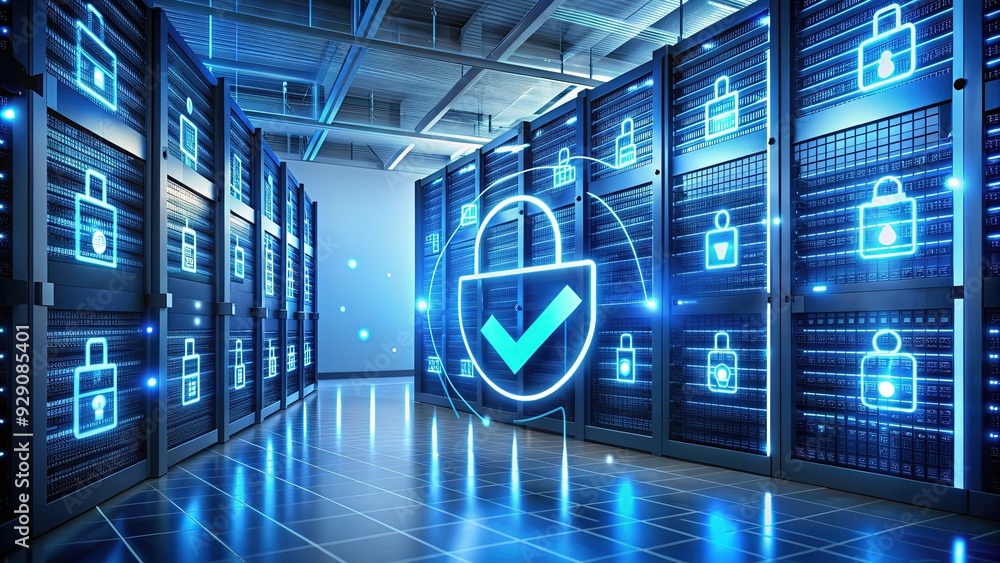 Aufkleber secure digital files stored on a computer server with lock icons and checkmarks, representing data p