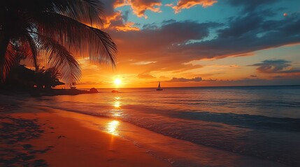 A stunning tropical sunset over the ocean with vibrant colors, silhouetted palm trees, and a serene beach setting.
