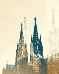 Fototapeta premium Cologne Skyline Silhouette Double Exposure Poster - A double exposure of a building
