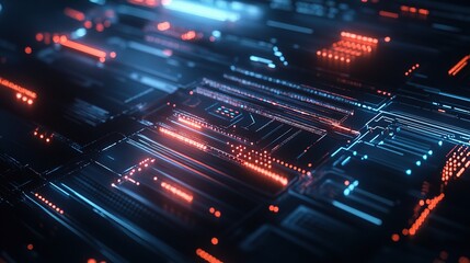 Fototapeta premium Abstract Circuitry: A mesmerizing abstract image with glowing lines of blue and orange light. 