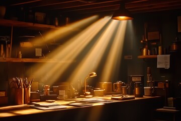 A warm, inviting workshop illuminated by sunlight, showcasing an assortment of tools and creative materials on a wooden table.