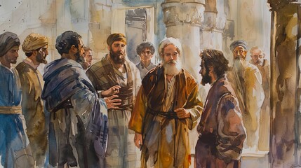 Jesus at the temple as a child discussing with elders in subtle watercolors