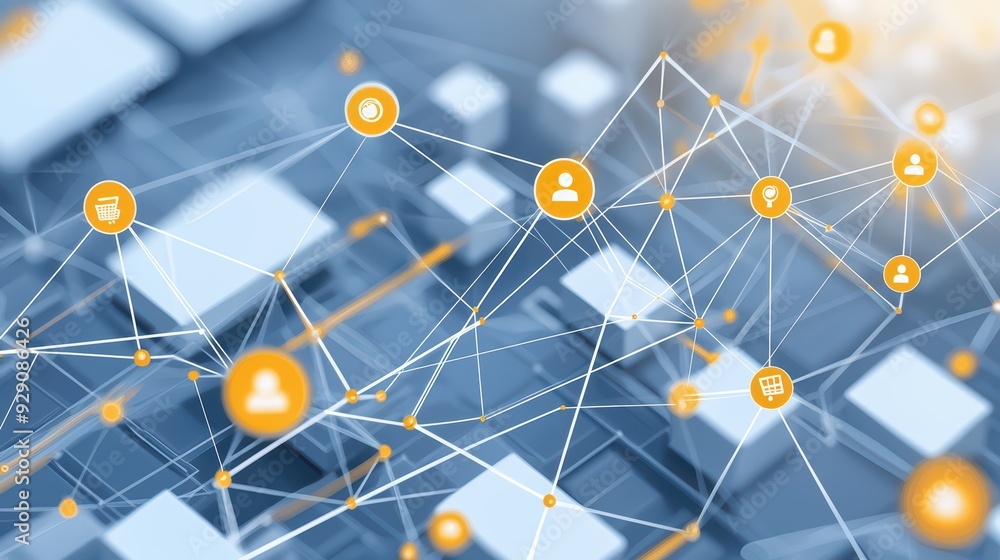 Poster abstract network connections with icons representing digital interactions, showcasing modern technol