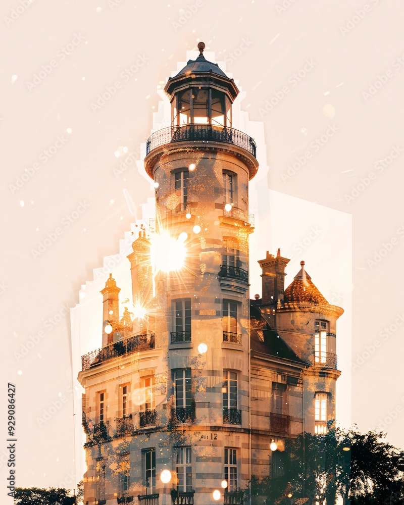 Wall mural Ile de Re Double Exposure Skyline Poster - A building with a tower