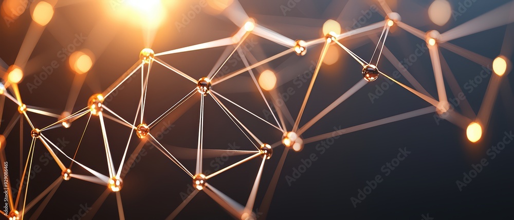 Poster abstract network structure with glowing nodes and connecting lines, representing technology and inno