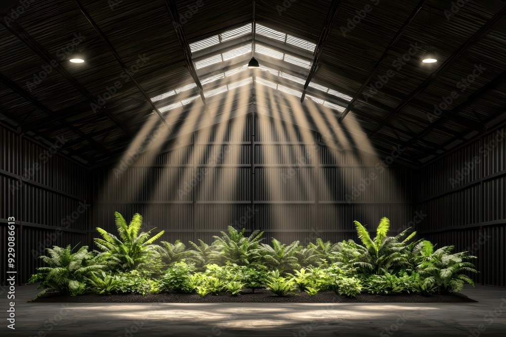 Poster an indoor space filled with lush green plants, illuminated by soft rays of light, creating a serene 