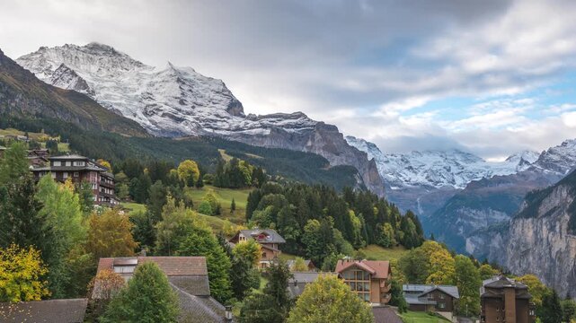 Wengen Switzerland time lapse city skyline at Wengen village and Jungfrau peak in autumn season