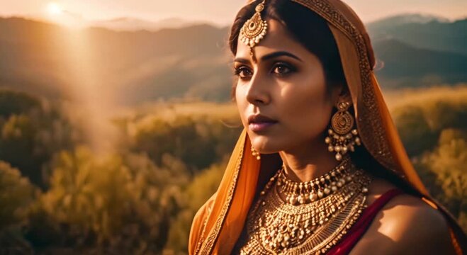 portrait of an indian goddess against a mountain landscape at sunset