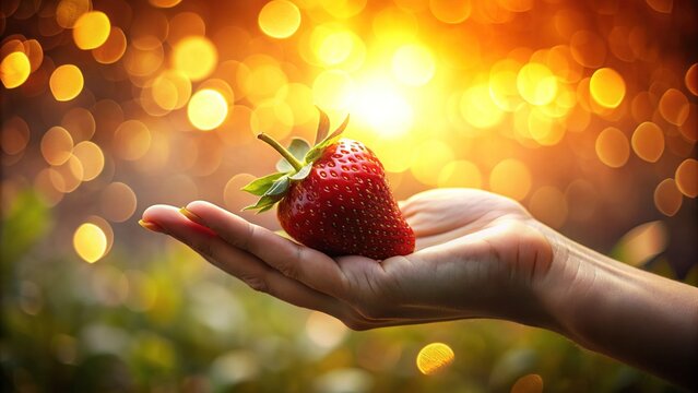 Sensual close-up of a delicate hand cradling a ripe, juicy strawberry, conveying longing and temptation, with soft focus and warm golden lighting.