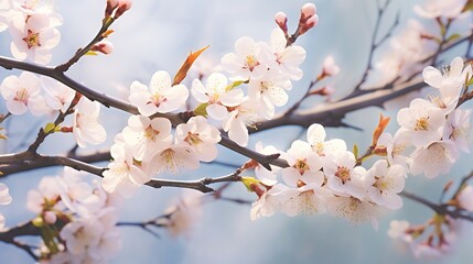 A branch of delicate cherry blossoms in soft focus, evoking spring's beauty and tranquility.