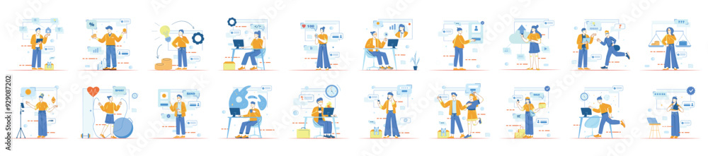 Aufkleber bundle of colorful linear concepts with people scene in flat cartoon design. various situations are 