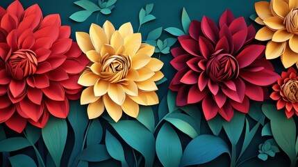 A vibrant paper art composition featuring colorful flowers and lush green leaves.