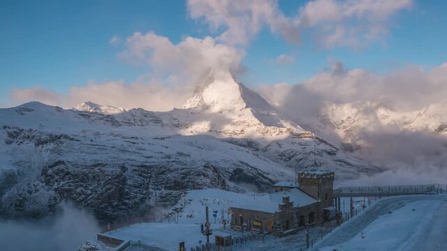 Gornergrat Zermatt Switzerland time lapse Matterhorn and Alps mountain range view from Gornergrat in winter