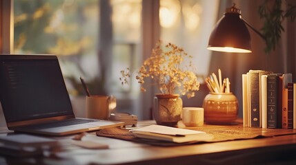 Cozy Home Office Workspace: A warm and inviting home office space bathed in soft, golden light. A laptop, books, and a desk lamp create a serene atmosphere.