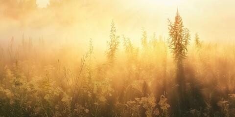 Obraz premium Foggy Morning Landscape Sunlit Silhouettes of Trees and Plants in Summer