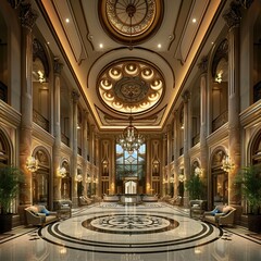Obraz premium Grand Lobby of a High End Hotel Showcasing Opulent Interior Design and Sophisticated