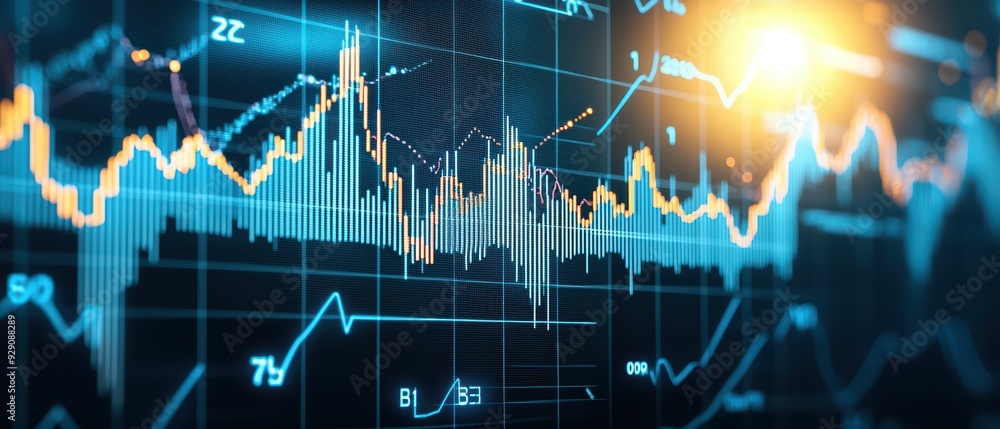 Poster digital stock market graph depicting data trends and financial analysis with glowing elements and vi