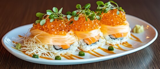 Obraz premium Delicious sushi roll topped with vibrant orange caviar and fresh microgreens, served elegantly on a white plate.