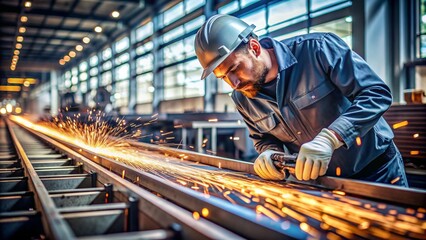 Naklejka premium An industrial engineer and businessman in a protective helmet works in a factory, trains workers using a tablet at a metalworking plant, teamwork and team concept.