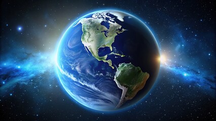 Serene blue planet Earth with North America prominently visible, illuminated by soft white light, against a pitch-black background with scattered stars.