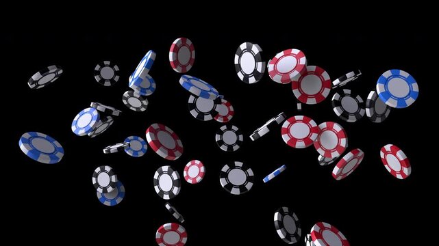 The throwing of colorful casino chips and falling off the screen in slow motion 