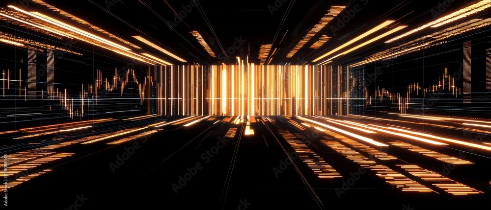 Poster dynamic visualization of financial data with glowing lines and graphs illustrating trends and market