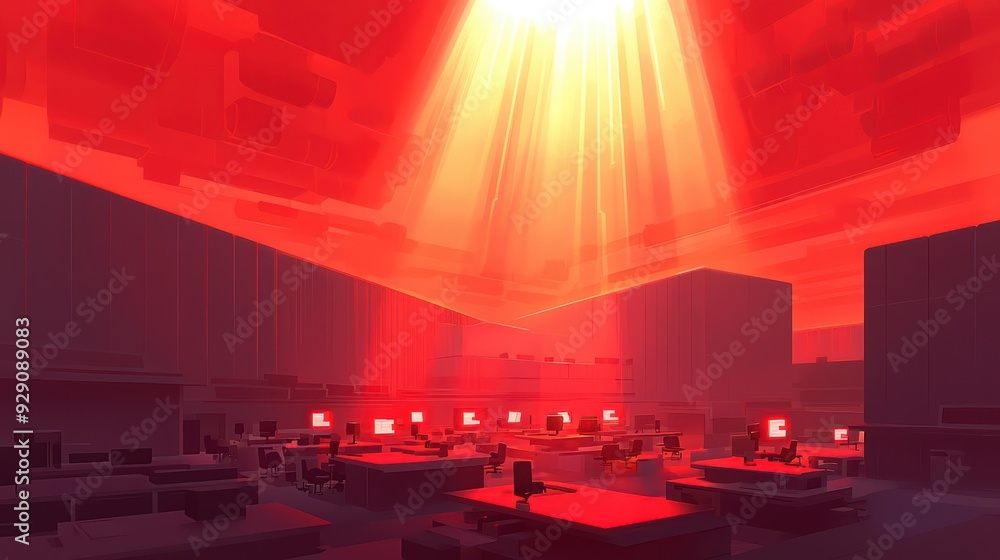 Aufkleber futuristic office environment illuminated by red light, featuring empty desks and glowing computer s