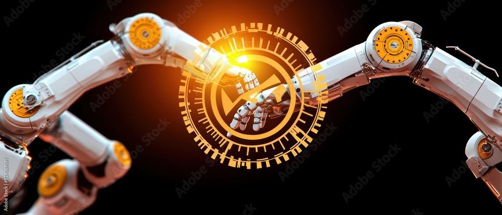 Poster futuristic robotic arms connect with precision, showcasing technology and innovation in automation a
