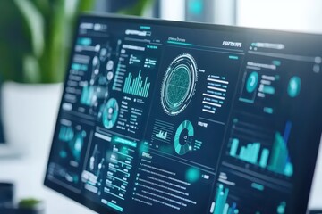 Obraz premium Futuristic data dashboard displaying analytics, graphs, and metrics on a computer screen in a modern office environment.
