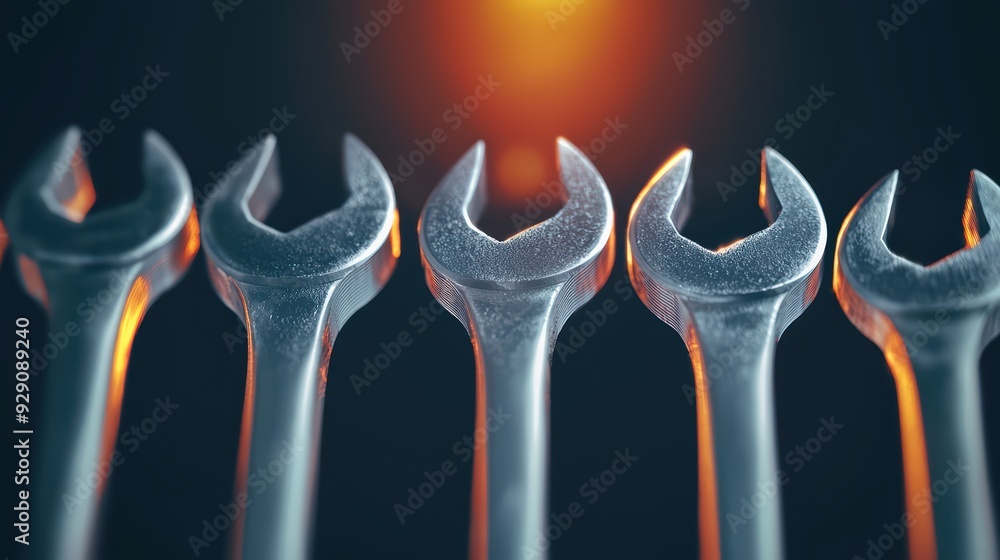 Poster high-quality image of shiny metal wrenches arranged in a row, showcasing craftsmanship and precision