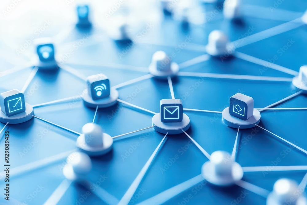 Poster innovative network concept with white icons on blue background representing communication and connec